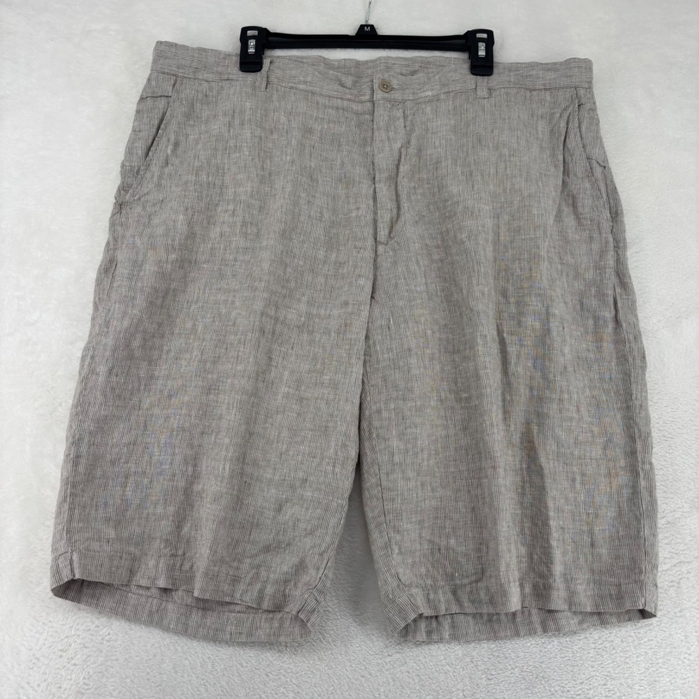 Toscano Mens 100% Linen Striped Short Tan White Size 42 Flat Front Summer Casual
